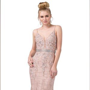 Beaded-Waist Long Embroidered Mermaid Prom Dress (Rose Gold)